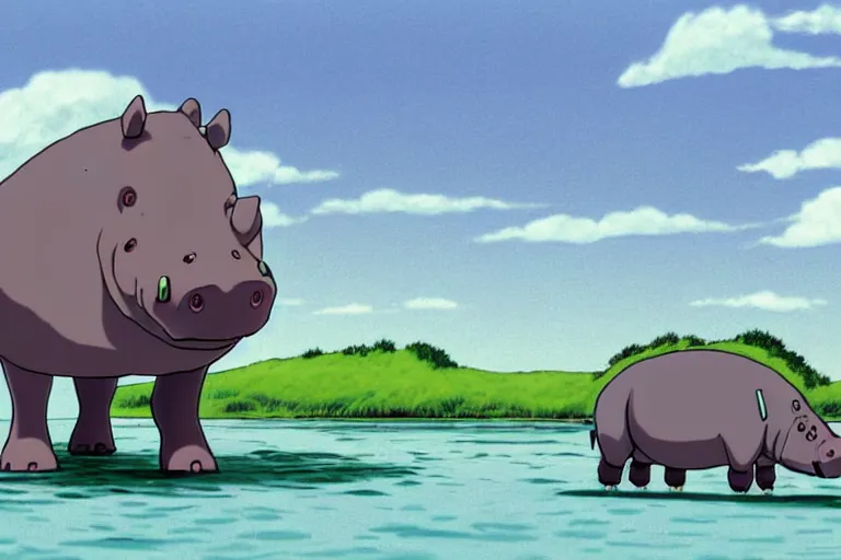 Image similar to a study of a cell shaded cartoon of a grey robot hippo from howl's moving castle ( 2 0 0 4 ), in an african river, full body, wide shot, very muted colors, post grunge, studio ghibli, highly detailed, deviantart, art by artgem