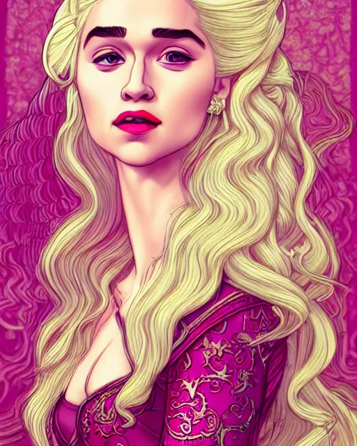 Prompt: closeup portrait happy beautiful daenerys targaryen with long blonde windblown hair in an ornate royal dress, standing on a street in chinatown, pink lipstick, glamour pose, detailed illustration, digital art, trending on artstation, arney freytag, frank miller, moebius, graffiti,