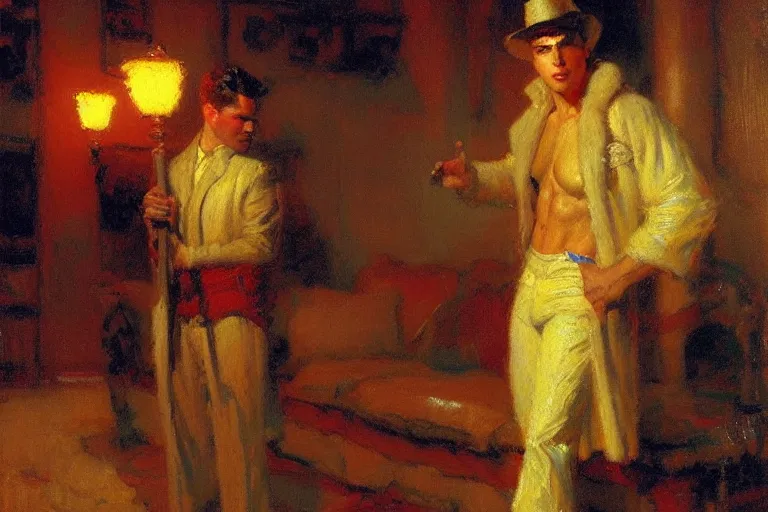 Image similar to winter, attractive male, neon light, painting by gaston bussiere, craig mullins, j. c. leyendecker