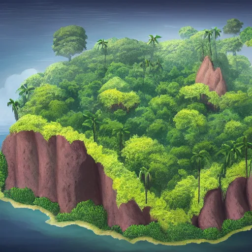 Image similar to painting of a small jungle island viewed from afar with a large rock formation in the shape of a gorillas head taking up the majority of the island, trending on artstation