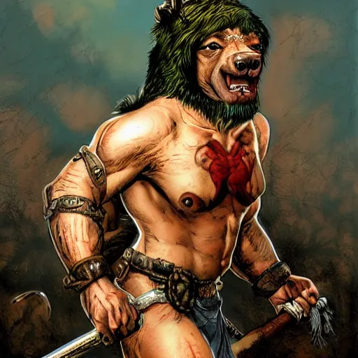 Prompt: grinning hybrid [ staffordshire terrier and man ] barbarian, fantasy warrior, drooling, rule of thirds, ultra detailed, 4 k, style of norman rockwell, style of richard corben.