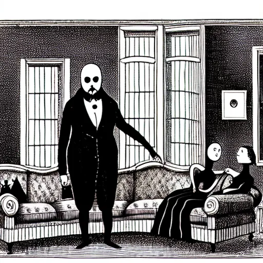 Image similar to Edward Gorey illustration of a victorian living room with costumed people dancing