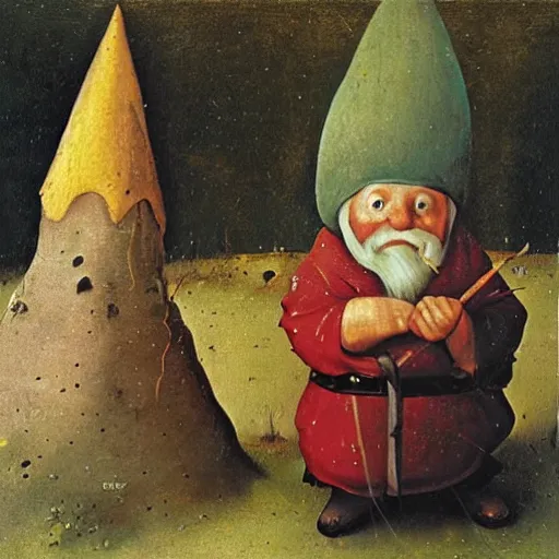 Prompt: a gnome becomes gnome, detailed oil painting by hieronymus bosch