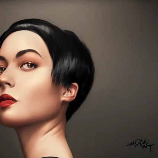 Prompt: portrait of beautiful woman, black short hair, by nick silva, ja mong, greg rutkowsky, digital, soft painting, photorealism