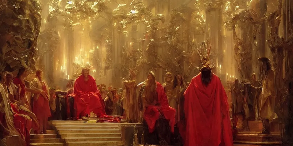 Image similar to beautiful oil painting, steve buscemi in royal crimson robes enthroned as the god emperor of ancient rome a golden wreath upon his head, by anders zorn, wonderful masterpiece by greg rutkowski, beautiful cinematic light, american romanticism, by thomas lawrence, greg rutkowski