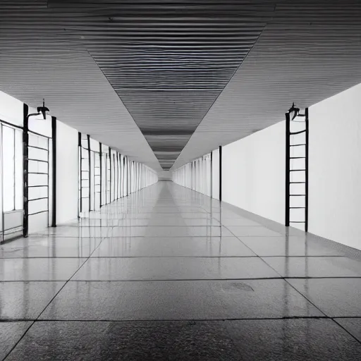 Prompt: underground prison, white walls, shiny floors, minimalist, stunning, light and shadows, catwalks