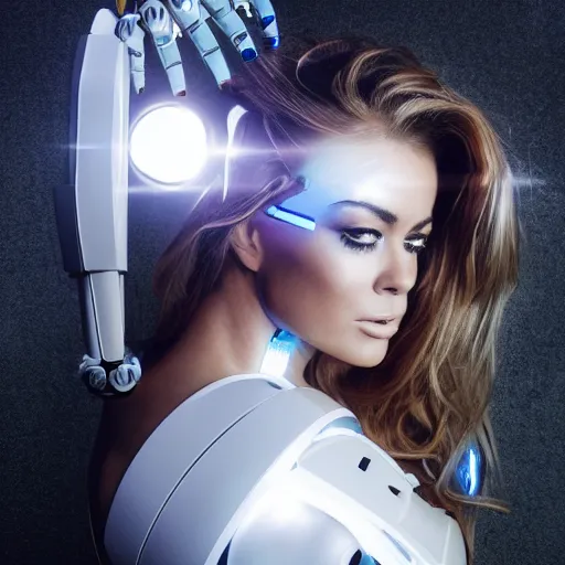 Prompt: beautiful centered Fine art photo portrait of sleepy young Carmen Electra as a solarpunk robotic humanoid, white mechanical parts with led lights, photorealistic, white background, highly detailed and intricate, sunset lighting, HDR 8k