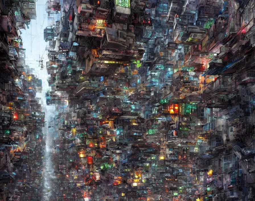 Image similar to street in kowloon slum, favela, dark alien city, perspective stretching upwards, temples, huge alien buildings, a dark, poisonous, alien biosphere, bridges, puddles on ground, scifi, science fiction spacecraft, jagged blocks of stone, multicoloured, john berkey, daniel dociu, jeremy mann, castle artstation trending