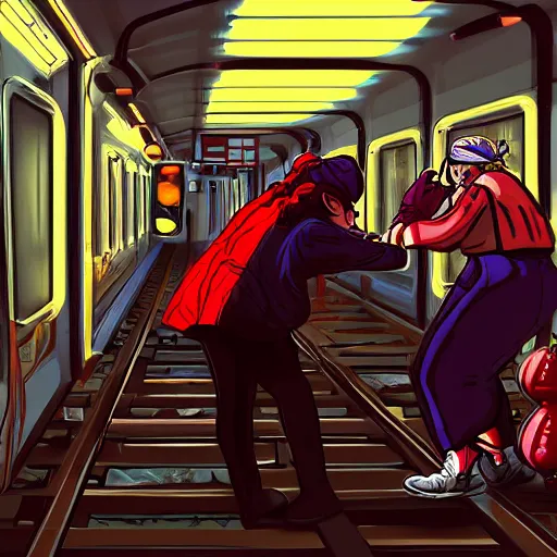 Image similar to fight between grandmas in the train moscow-ryazan, cyberpunk, neon, concept art