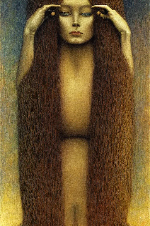 Image similar to a detailed painting of a beautiful mythical sphinx, beautiful woman face, mythical creature, lush garden, during night, magical mood, muted tones, symbolist painting, by fernand khnopff, jean delville, james jean, exquisite details, dark mood,