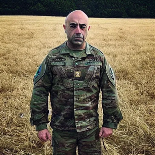 Prompt: “Joe Rogan standing in the middle of a field wearing the US Army uniform with a grumpy look on his face”