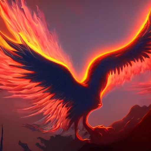 Prompt: phoenix rising from the ashes, digital painting, ash particles, volumetric light, artwork by Tom Thomson, wallpaper download, artstation