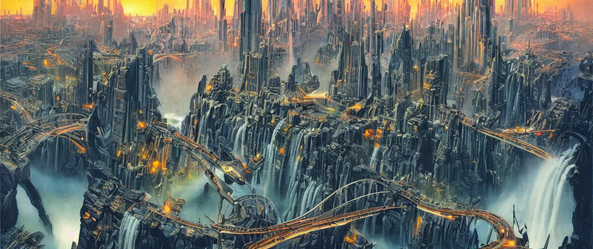 Prompt: A beautiful illustration of a futuristic city of bridges built on a world of waterfalls by Robert McCall and Ralph McQuarrie | Graphic Novel, Visual Novel, Colored Pencil, Comic Book:.6 | unreal engine:.3 | | viewed from below | establishing shot:.7
