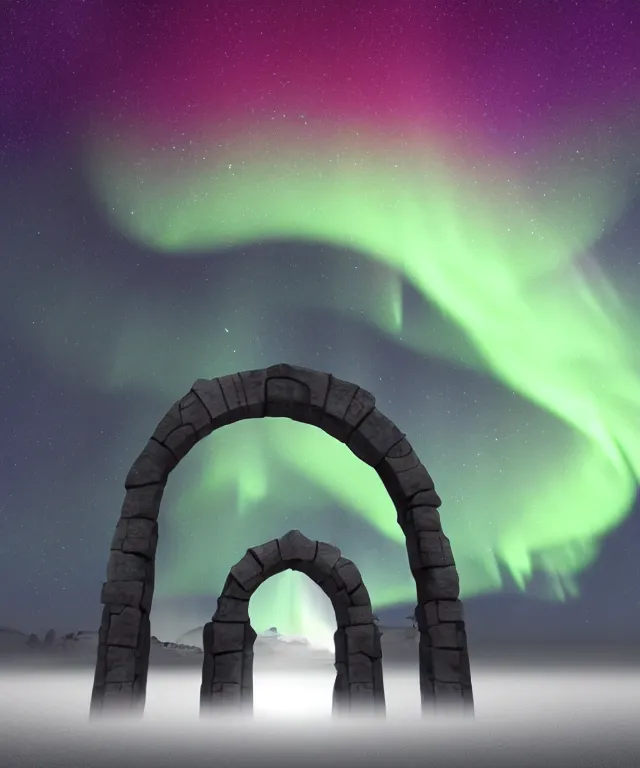 Image similar to portal to another dimension, stone archway, aurora borealis, mysticism, photorealistic, fog