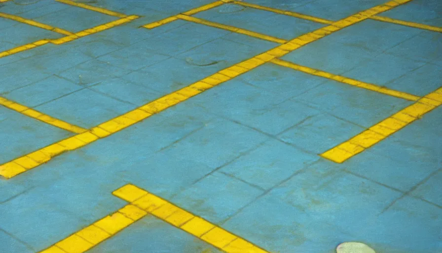 Image similar to 1 9 6 0 s movie still of an empty blue and yellow tiles municipal swimmingpool, low quality, liminal space style