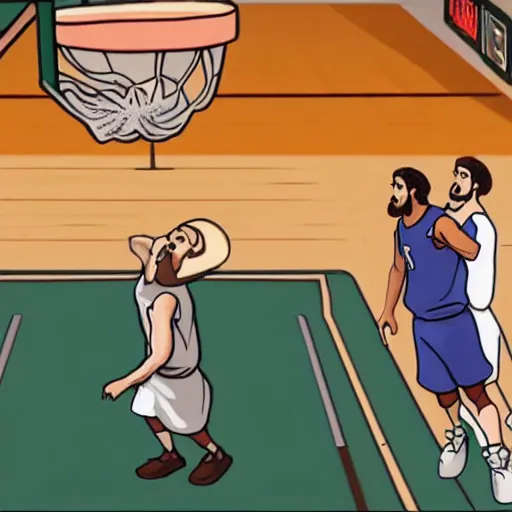 Prompt: Jesus wearing robes dunks a ball in the net while in a basketball court alone , hd