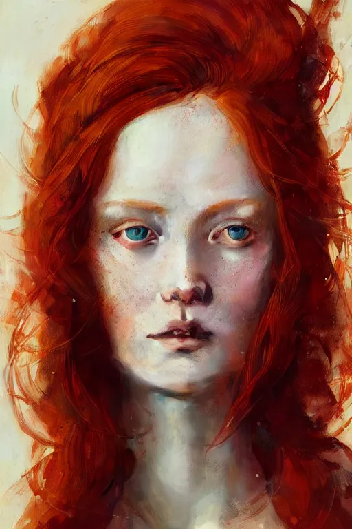 Image similar to of beautiful redhead female, beauty portrait by greg rutkowski, hilma af klint, moebius, victo ngai, sharp focus, global illumination, highly detailed, masterpiece, award winning, post processing