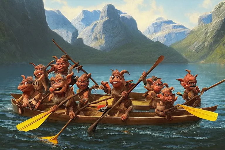 Image similar to a group of goblins paddling on a raft in a norwegian fjord by justin gerard by tyler edlin