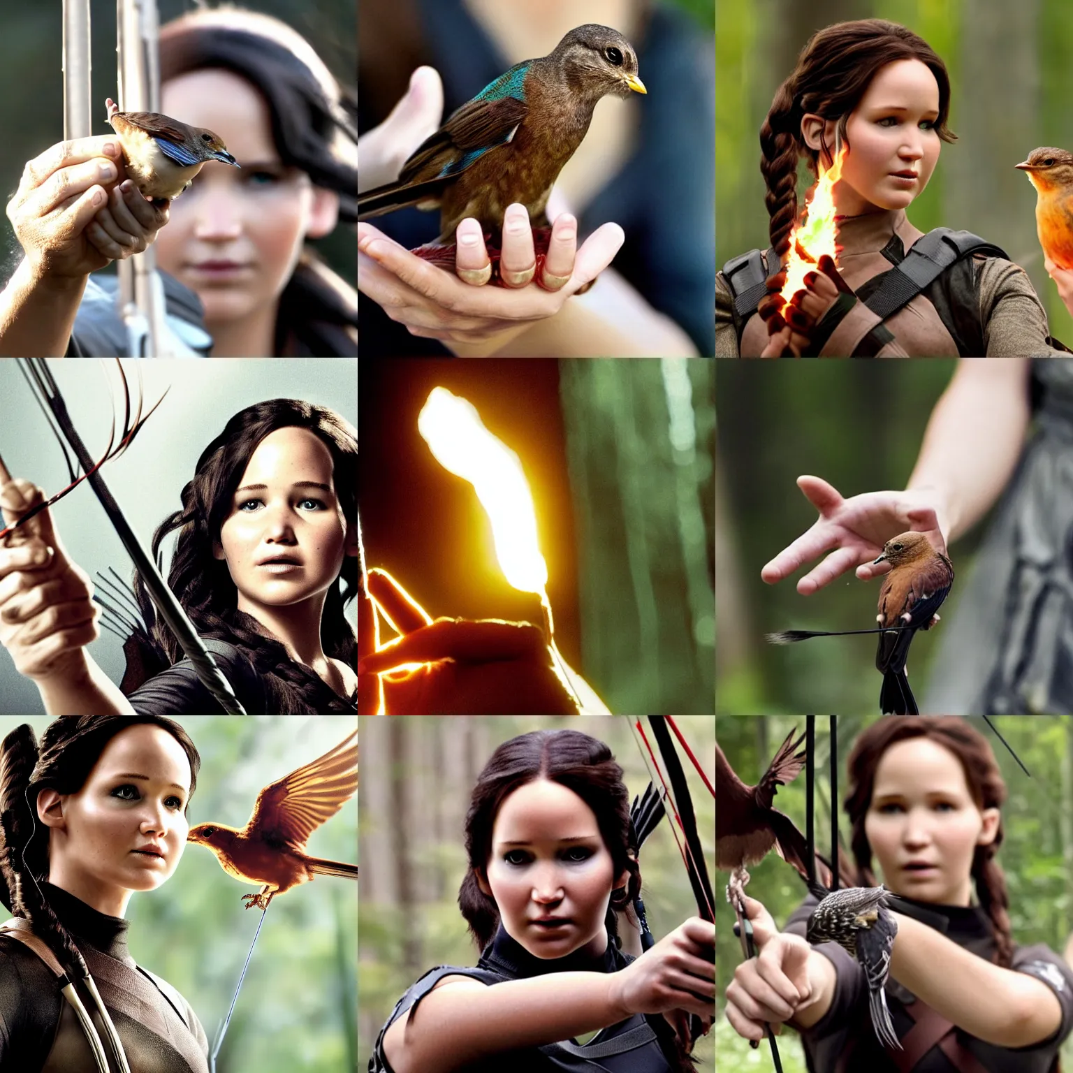 Prompt: Katniss Everdeen holding a bird in her handpalm, closeup of hand