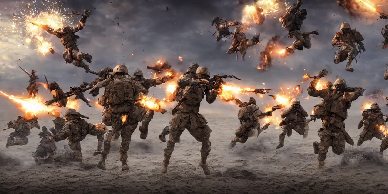 Image similar to fantasy soldiers jumping onto beach from landing craft, explosions and magic, cinematic