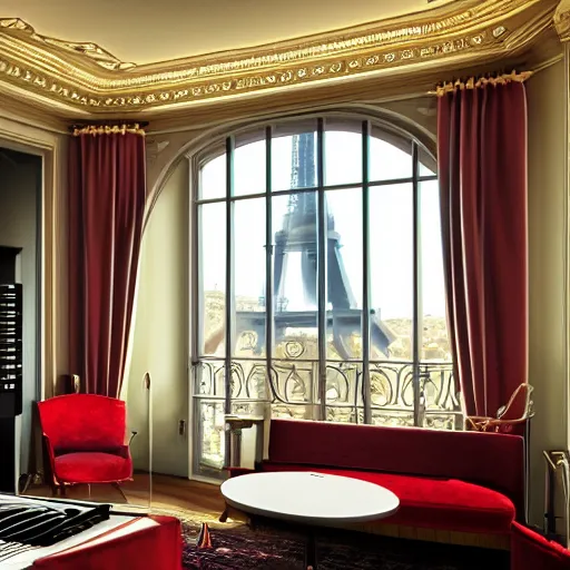 Image similar to A photorealistic music studio, Paris hotel style, red velvet furniture, light rays coming out of the windows, the windows have a view on Paris, raytracing, highly detailed, futuristic, unreal engine 5, photoscanned, photorealistic,