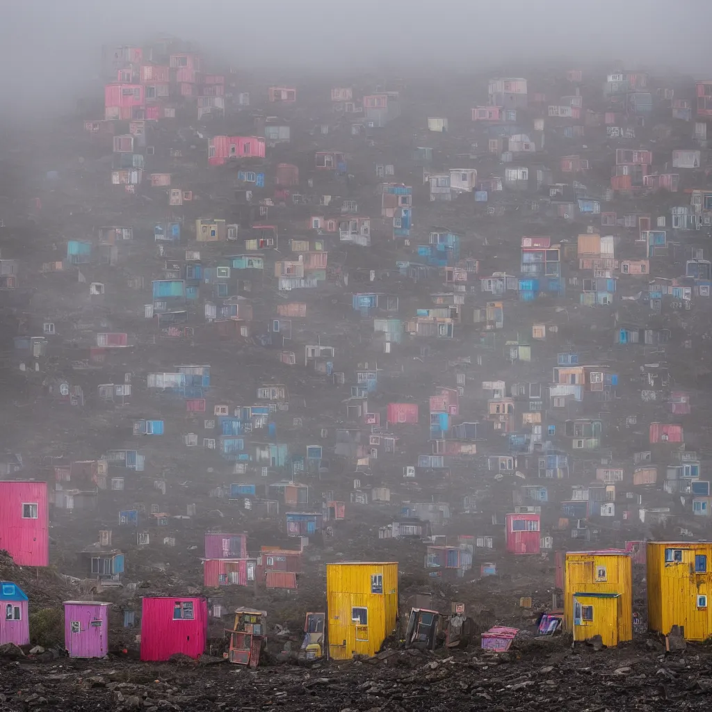 Prompt: two towers, made up of colourful makeshift squatter shacks, uneven dark fog, dystopia, sony a 7 r 3, f 1 1, ultra detailed, photographed by jeanette hagglund