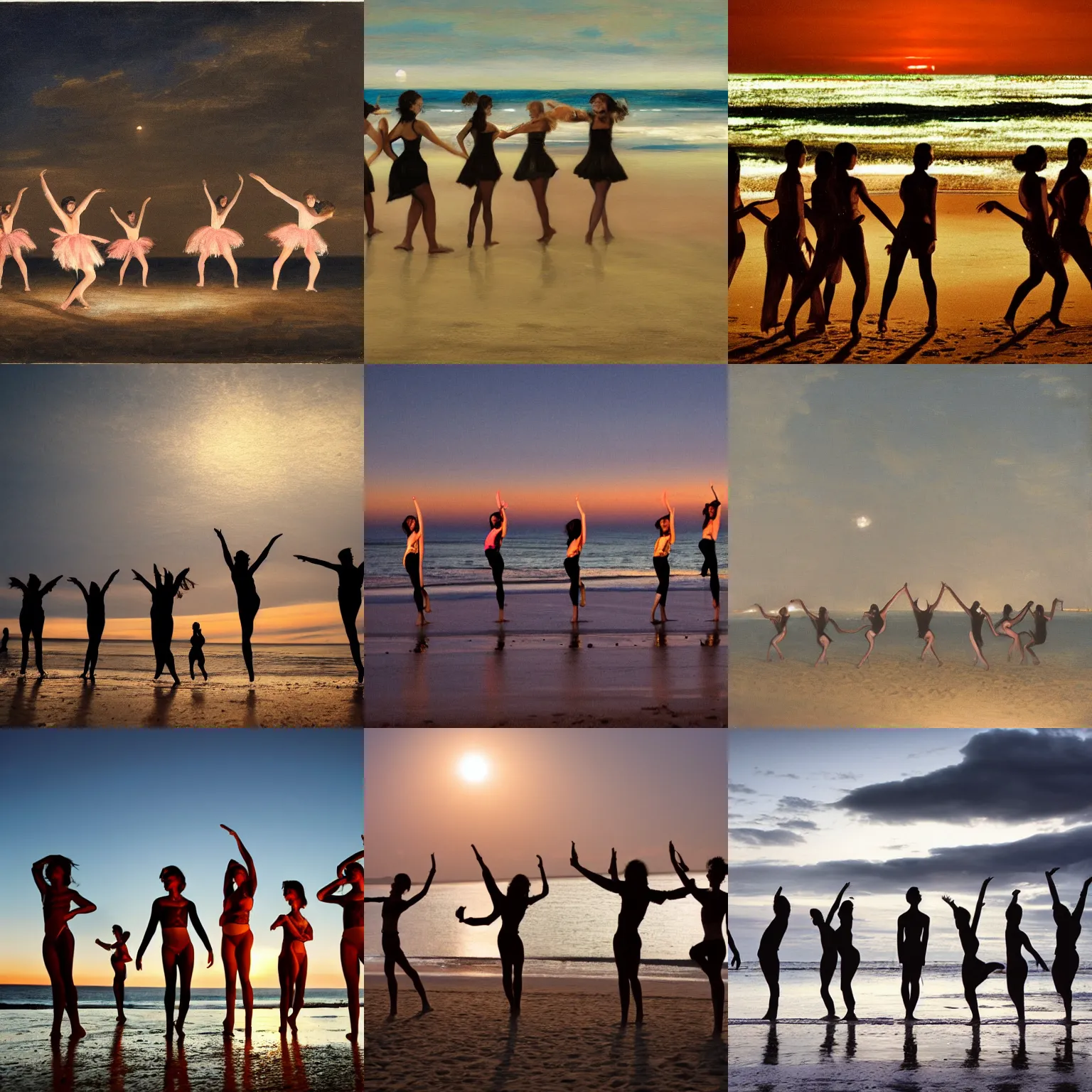 Prompt: six dancers on the beach at night