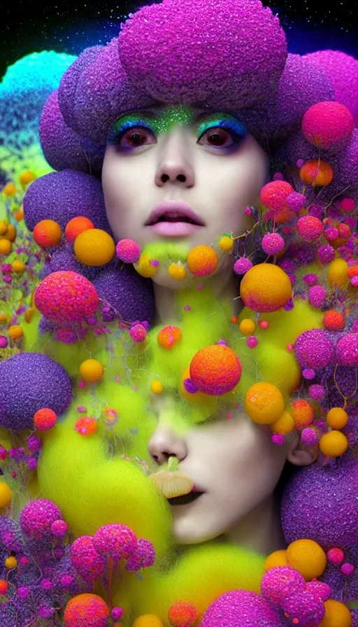 Image similar to hyper detailed 3d render like a Oil painting - kawaii Aurora (Singer) seen Eating of the Strangling network of colorful yellowcake and aerochrome and milky Fruit and Her delicate Hands hold of gossamer polyp blossoms bring iridescent fungal flowers whose spores black the foolish stars by Jacek Yerka, Mariusz Lewandowski, Houdini algorithmic generative render, Abstract brush strokes, Masterpiece, Edward Hopper and James Gilleard, Zdzislaw Beksinski, Mark Ryden, Wolfgang Lettl, hints of Yayoi Kasuma, octane render, 8k