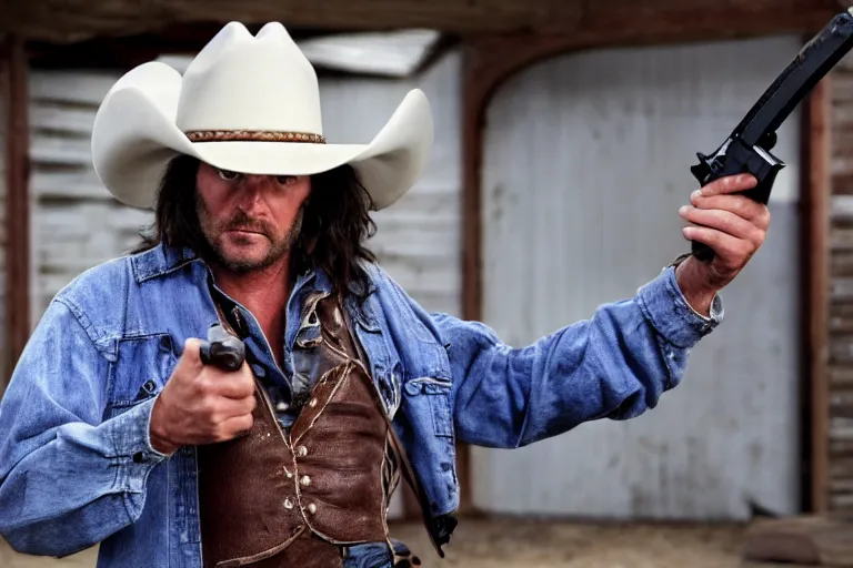 Image similar to film still of the main character cowboy standing holding a pistol in the garage scene in an action movie posing for the camera 2 0 2 0, 4 k wild west