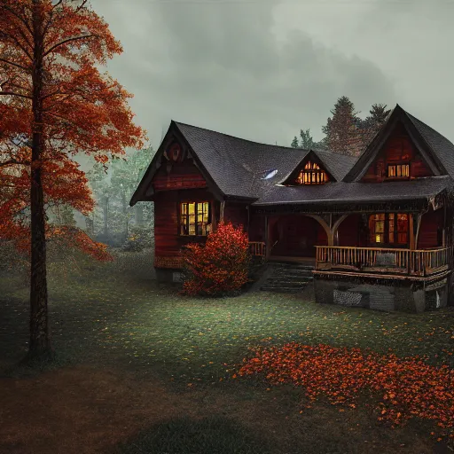 Prompt: autumn, house, forest, rain, dark, octane render, artstation, unreal engine 5 highly detailed, epic composition,