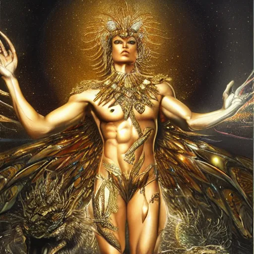 Image similar to full muscular body made of diamonds , golden feathers ,thunder, shining light, nebulas, god rays by Karol Bak, Ayami Kojima, Amano and Olivier Ledroit