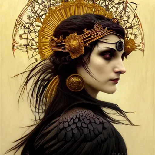 Prompt: goddess of crows, unusual beauty, emotionally evoking symbolic metaphors, head in focus, fantasy, ornamental, intricate, elegant, sensual, highly detailed digital painting, artstation, concept art, painterly, golden ratio, sharp focus, illustration, art by John Collier and Krenz Cushart and Artem Demura and Rafael and Alphonse Mucha and Albert Aublet