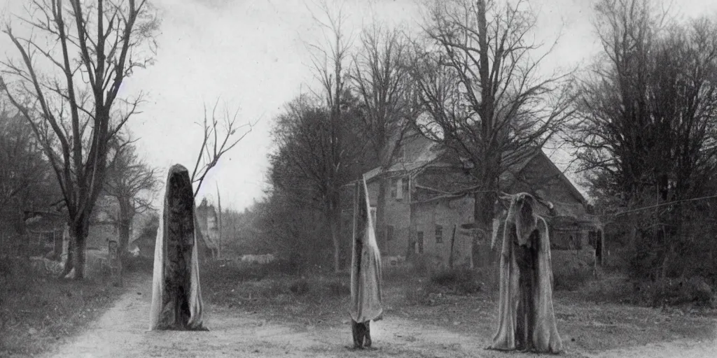 Image similar to scary unproportionable tall ghost creature in the middle of a village, 1900s picture