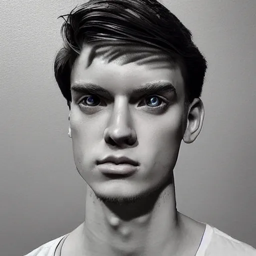 Image similar to “a realistic detailed photo of a guy who is an attractive humanoid who is half robot and half humanoid, who is a male android, twitch streamer and youtuber Ludwig Ahgren, shiny skin, posing like a statue, blank stare”