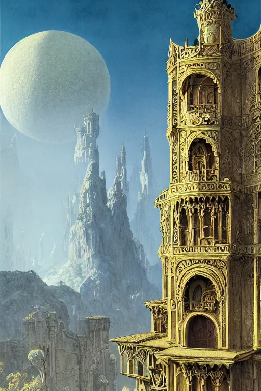 Prompt: ancient silver tower of the moon, distance view, fairytale illustration, elaborate carved latticed balconies, tall windows, moorish architecture, formal gardens, dramatic cinematic lighting, soft colors, golden age illustrator, unreal engine, by Andreas Rocha and Ludwig Deutsch and (Maxfield Parrish)