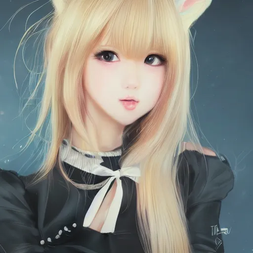 Image similar to realistic beautiful gorgeous natural cute Blackpink Lalisa Manoban blonde hair cute fur blonde cat ears in maid dress outfit golden eyes artwork drawn full HD 4K highest quality in artstyle by professional artists WLOP, Taejune Kim, Guweiz, ArtGerm on Artstation Pixiv