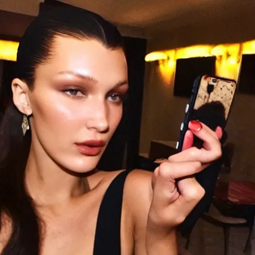 Image similar to bella hadid taking a selfie with her favorite food, photorealistic, dynamic light, fast food, ultra detailed