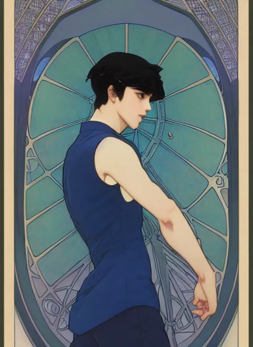 Prompt: handsome young man with short black hair, male, dressed in blue, looking down, half body shot, arms down, path traced, highly detailed, high quality, digital painting, by studio ghibli and alphonse mucha, hidari, art nouveau, posuka demizu