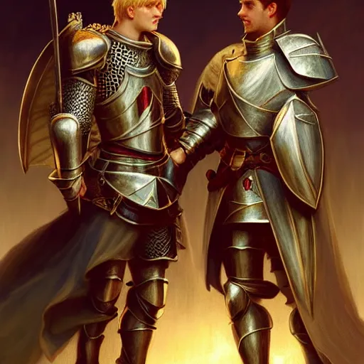 Image similar to attractive arthur pendragon and his favourite attractive male knight, they are in love, camelot, natural lighting, path traced, highly detailed, high quality, digital painting, by gaston bussiere and ross tran and j. c. leyendecker