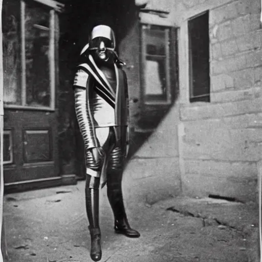 Image similar to a time traveler dressed in a futuristic experimental suit. in a black and white historical picture from 1 9 2 0,