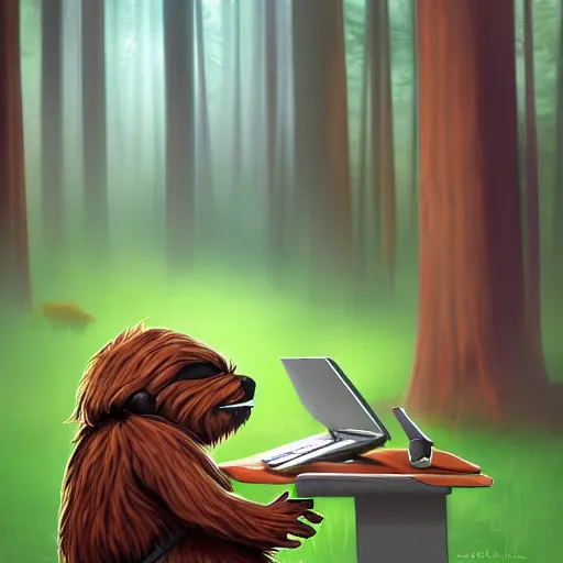 Image similar to studious ewok typing on a computer in the forest, artstation, colorful