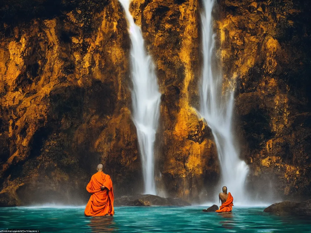 Image similar to dang ngo, annie leibovitz, steve mccurry, a simply breathtaking shot of mediating monk in orange, giantic waterfall, bright moonlight, golden ratio, wide shot, symmetrical