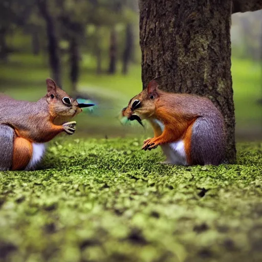 Image similar to a award winning photo of squirrels having a lunch at an squirrel hotel, volumetric light effect