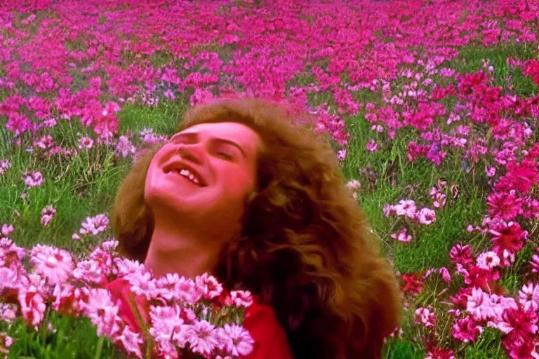 Image similar to vhs 1 9 8 0 s cinema footage of a woman surrounded by giant beautiful flowers smiling at a fire, scene from the movie midsommar, directed by ari aster, vintage film grain