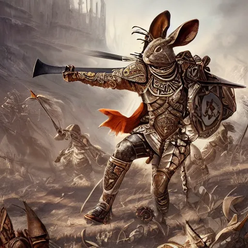 Image similar to Armored Rabbit Horde carrying swords gathering on a beautiful plain, insanely detailed and intricate, hypermaximalist, elegant, ornate, hyper realistic, super detailed, Art Deco, cinematic, trending on artstation, magic the gathering artwork