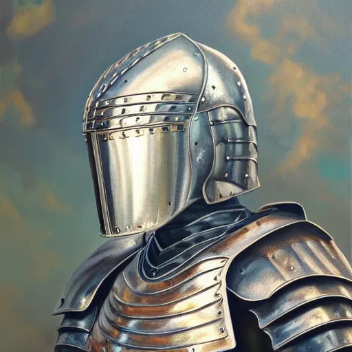 Image similar to beautiful oil portrait painting of alwyte armor, medieval armor, knight, natural light, outside