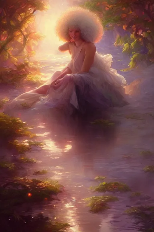 Image similar to bob ross, dreamy and ethereal,, fantasy, intricate, elegant, rainbow bubbles, highly detailed, digital painting, artstation, concept art, smooth, sharp focus, illustration, art by artgerm and greg rutkowski and alphonse mucha