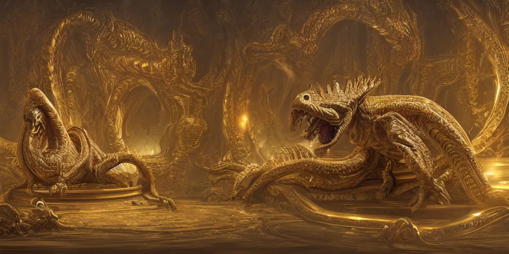 Prompt: highly detailed matte painting of a gorgeously frilled reptilian alien naga god resting on its coiled tail in an ornate gold throne room, concept art, hd, featured on artstation