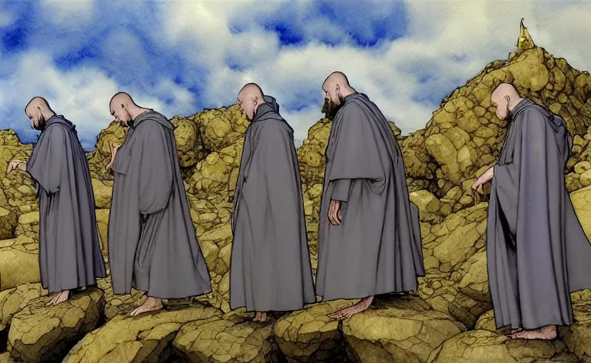 Image similar to a hyperrealist watercolour concept art of a group of medieval monks in grey robes pointing up at five large stones floating in the sky. by rebecca guay, michael kaluta, charles vess and jean moebius giraud. high detail, hq, wide shot