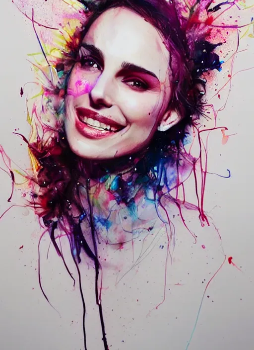 Image similar to vicious smile nathalie portman by agnes cecile, extremely luminous bright design, pastel colours, ink drips, autumn lights